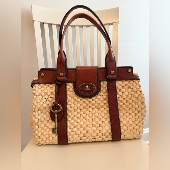 Fossil Leather Straw Basket Large Handbag - Picture 1 of 10